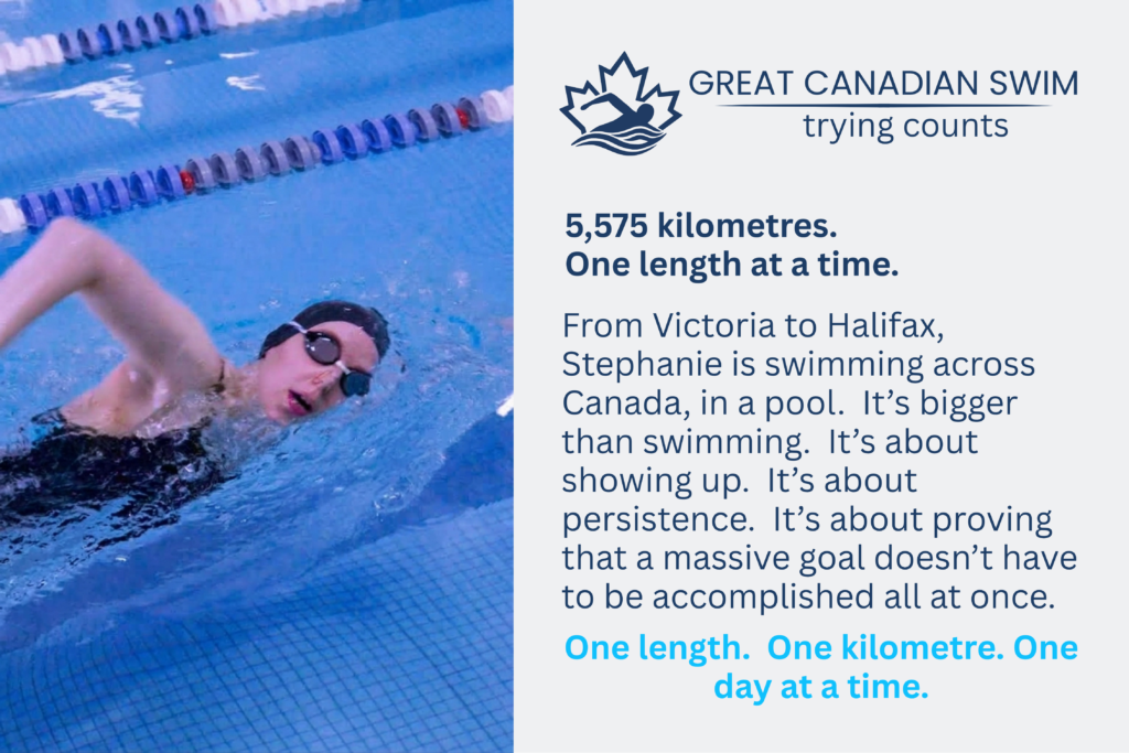 Stephanie swimming. 5575km one length at a time. from Victoria to Halifax, Stephanie is swimming across canada in a pool. it's bigger than swimming. it's about showing up. it's about persistence. it's about proving that a massive goal doesn't have to be accomplished all at once. one length. one kilometre. one day at a time
Swimmer in a 25-meter indoor pool wearing branded cap and goggles, pushing off the wall.